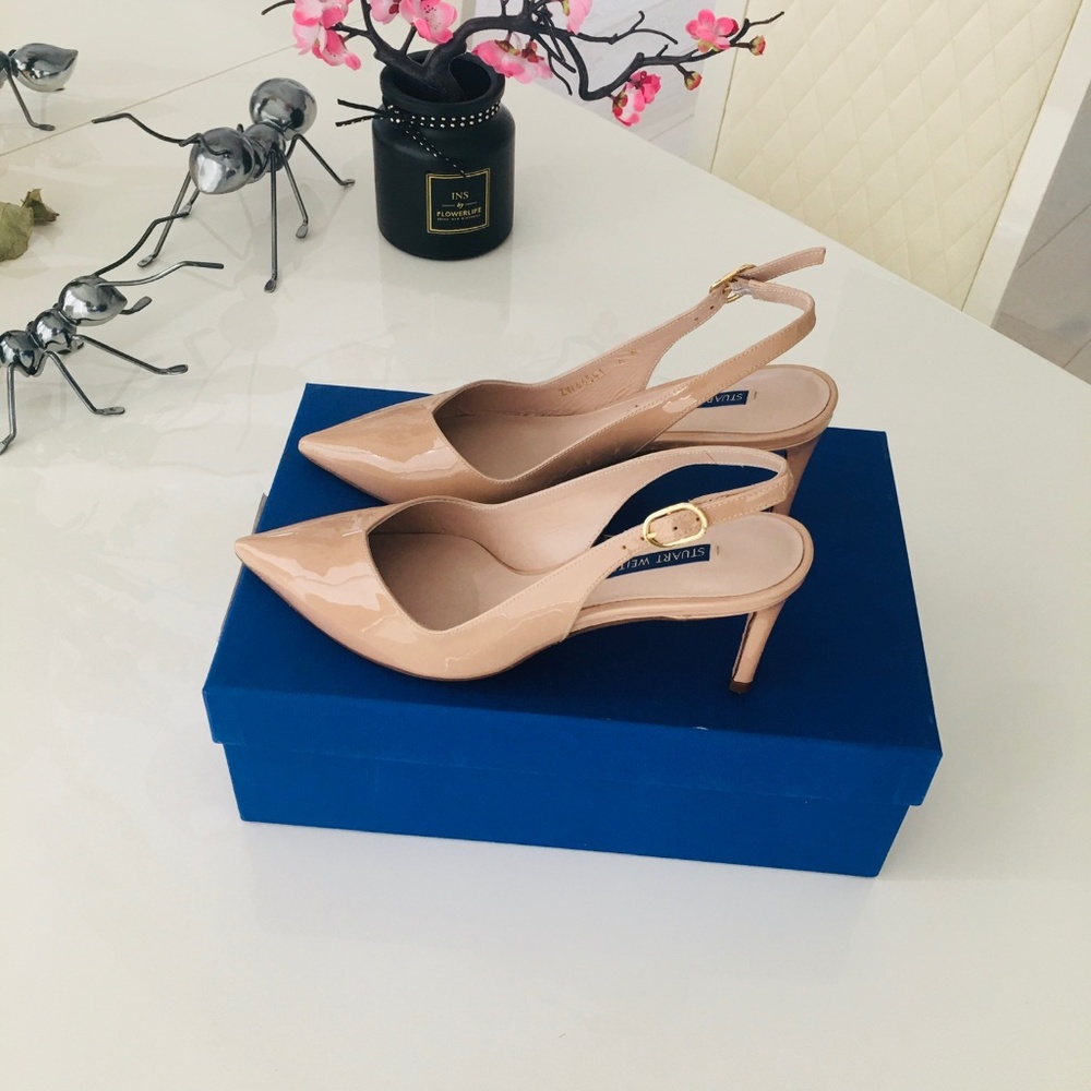 $525 Stuart Weitzman Edith 70 Nude Patent Slingback Heels  Size 6 NWB